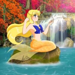 alluring aru_dreamer bishoujo_senshi_sailor_moon blonde_hair female hair_ribbon hand_mirror long_hair mermaid minako_aino mirror ribbon_only sailor_venus smile tail tree underboob very_long_hair water waterfall yellow_tail