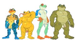 3_toes 4_fingers 5_fingers abs alpha_channel amphibian anthro armor athletic balls belly biceps big_penis biped blue_body blue_eyes blue_skin blue_spots fingers flaccid foreskin frog genitals green_body green_skin group hand_behind_head hand_on_penis hi_res horizontal_pupils humanoid_genitalia humanoid_penis long_tongue male male_only multicolored_body musclegut muscular muscular_male navel nude orange_body orange_eyes orange_skin overweight overweight_male pecs penis plantigrade simple_background slightly_chubby slim slit_pupils smile spots standing tderek99 toad_(frog) toes tongue tongue_out touching_penis transparent_background tree_frog uncut yellow_body yellow_eyes yellow_skin