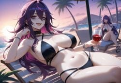 ai_generated ash_(soul_hackers_2) beach bikini black_bikini breasts curvy_female curvy_figure dark_purple_hair female happy large_breasts long_hair looking_at_viewer multicolored_hair pale-skinned_female pale_skin pink_hair purple_eyes sitting_on_chair smile soul_hackers_2