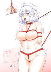 arms_behind_back between_labia blush bondage box_tie breasts cake collar crotch_rope drooling female food hat innie_pussy itou_yuuji letty_whiterock nipples nude parody plump predicament_bondage pussy rope short_hair solo text touhou translated translation_request uncensored