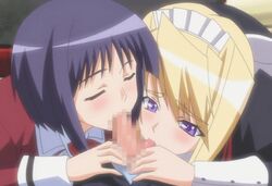 1boy 2girls animated blonde_hair blue_eyes blue_hair blush cap censored closed_eyes clothing collaborative_fellatio double_fellatio fellatio fujikura_yuu licking maid mosaic_censoring multiple_fellatio multiple_girls oral penis princess_lover school_uniform screencap short_hair silvia_van_hossen teamwork threesome