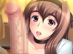 blush brown_eyes brown_hair censored choker headband huge_cock long_hair nantai_prima_onna_kyoushi open_mouth penis strikes_(company)