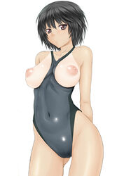 amagami black_eyes black_hair breasts breasts_out competition_swimsuit kutani kyuuteji_(pixiv) nanasaki_ai navel nipples one-piece_swimsuit pointy_chin puffy_nipples short_hair swimsuit tan tanline