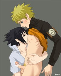 2boys artist_request black_eyes black_hair blue_eyes bottomless breast_sucking censored dripping erection hug human kuro licking_male_nipple male male_only multiple_males naruto nipple_suck nippleplay nipples penis precum pubic_hair sasuke_uchiha shirt_lift standing testicles uzumaki_naruto yaoi