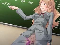 blackboard blush brown_eyes classroom clothed_masturbation clothing discreet_vibrator exhibitionism fully_clothed game_cg lipstick masturbation one_closed_eyes panties public public_vibrator stealth_masturbation tagme teacher underwear vibrator vibrator_on_thigh wink x-ray