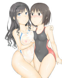 amagami black_hair blue_eyess blush breast_press breasts competition_swimsuit hairband kurigohan long_hair morishima_haruka multiple_girls navel one-piece one-piece_swimsuit pointy_chin see-through swimsuit symmetrical_docking tachibana_miya wet