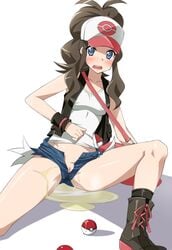 1girls ankle_socks anklehighs axfa baseball_cap black_socks blue_eyes blush boots brown_hair denim denim_shorts embarrassed female female_only game_freak hairless_pussy hat hilda_(pokemon) human innie_pussy light-skinned_female light_skin looking_at_viewer medium_hair nintendo no_panties no_panties_under_shorts open_clothes open_fly open_mouth open_shorts pee pee_puddle peeing peeing_self poke_ball pokemon pokemon_bw ponytail pussy pussy_peek short_shorts shorts simple_background small_breasts socks socks_and_boots solo spread_legs uncensored unzipped vagina white_background yokaze_japan