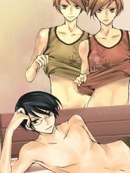 3boys black_hair brother brothers brown_eyes glasses hitachiin_hikaru hitachiin_kaoru leaning looking_at_viewer lying male male_only multiple_boys ootori_kyouya orange_hair otori_kyoya ouran_high_school_host_club shirt_lift siblings topless twins yaoi yellow_eyes