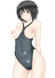 amagami black_eyes black_hair breasts breasts_out competition_swimsuit kutani kyuuteji_(pixiv) nanasaki_ai navel nipples one-piece_swimsuit pointy_chin puffy_nipples short_hair swimsuit