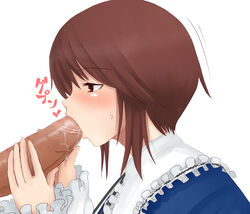 brown_hair censored fellatio hair highres huge_cock large_penis oral penis profile red_eyes rozen_maiden saliva shiro-inu short_hair simple_background souseiseki sweat sweatdrop