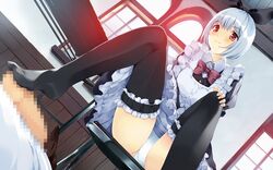 1boy 1girls black_legwear black_thighhighs blue_hair blush bow censored feet female footjob footjob_with_legwear game_cg garters hairbow kamishiro_yuki legs long_legs looking_down maid male mosaic_censoring no_shoes panties pantyshot pantyshot_(sitting) pantyshot_sitting penis red_eyes short_hair sitting thighhighs thighs ueda_ryou underwear white_panties