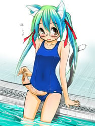 1futa animal_ears aqua_hair blush breasts cat_ears censor_bar censored foreskin foreskin_overhang futanari glasses intact intersex long_foreskin one-piece_swimsuit penis pool retsu_maru school_swimsuit small_breasts swimsuit tail uncut unretracted_foreskin veiny_penis yellow_eyes