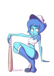 1girls 2017 baseball_bat baseball_cap baseball_uniform blue_hair blue_skin cartoon_network color commission digital_media_(artwork) female hi_res lapis_lazuli_(bob) lapis_lazuli_(steven_universe) long_socks navel norehana_art solo sportswear steven_universe teasing teasing_viewer tongue_out