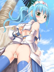 anus aqua_hair armor ass blue_legwear blush breasts character_request cloud emurin female green_eyes hair_ornament headdress long_hair looking_back nipples no_panties palm_tree ponytail pussy sky small_breasts solo source_request thighhighs tied_hair uncensored