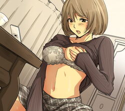 1girls aoki_yuriko bakuman blush bra breast_rub brown_eyes brown_hair ceiling cellphone cup curtain curtains dutch_angle female female_only frilled_bra frills from_below lingerie long_sleeves looking_down masturbation midriff mole navel nipple nipples open_mouth phone plaid shirt_lift short_hair skirt solo table tartan underwear undressing