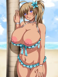 areolae beach bikini blonde_hair blue_eyes blush breasts curvy dark_skin huge_breasts large_breasts nail_polish nipples photoshop plump swimsuit water_beryl