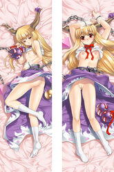 blonde_hair blush bow chains dakimakura flat_chest footwear gen_(genetrix) gourd highres horns legs long_hair lying nipples no_panties pussy red_eyes socks suika_ibuki tabi tear touhou uncensored