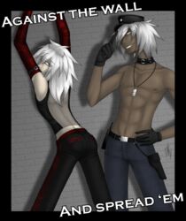 2boys ass brick_wall collar color dark-skinned_male dark_skin gay human human_only light-skinned_male light_skin long_hair male male_only multiple_boys standing thief_king_bakura topless touzokuou_bakura white_hair yami_bakura yaoi yu-gi-oh!