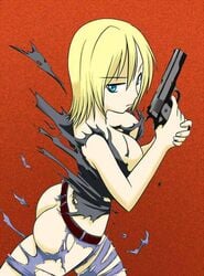 ass aya_brea belt blonde_hair blue_eyes breasts female firearm gun handgun human m1911 maruaroom nipple_slip nipples pale_skin parasite_eve parasite_eve_the_3rd_birthday pointy_chin short_hair solo torn_clothes weapon