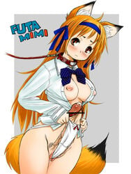 animal_ear blush breasts brown_eyes collar erect_nipples fox_ear futanari intersex leash long_hair open_clothes open_shirt orange_hair panties penis precum pussy retsu_maru ribbon shirt tail underwear vagina