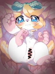 2019 absurd_res accessory alice_(cat_busters) anthro anus blonde_hair blue_eyes blush bodily_fluids cat_busters censored chest_tuft domestic_cat felid feline felis female fur genitals gloves_(marking) hair hair_accessory hair_ribbon hairbow hi_res ineffective_censorship leg_markings looking_at_viewer mammal markings meru_(artist) pawpads paws pink_markings pink_pawpads pussy ribbons socks_(marking) solo tears tuft whiskers white_body white_fur