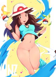 1girls bottomless brown_eyes brown_hair erect_nipples erect_nipples_under_clothes hat human inferior_version leaf_(pokemon) long_hair medium_breasts nintendo no_panties no_pubic_hair nolegal pale_skin pokeball pokemon pokemon_rgby pussy solo thick_thighs thighs watermark wide_hips