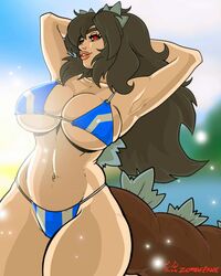 2020 big_breasts bikini black_hair godzilla godzilla_(series) hair kaiju kaiju_girl kaiju_girls_(webcomic) long_hair long_tail looking_at_viewer posing red_eyes smile tail voluptuous zombieernie