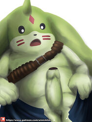 3:4 balls black_glans clothing digimon digimon_(species) erection gargomon genitals glans green_balls green_body green_foreskin green_penis hi_res looking_down male male_only open_mouth partially_retracted_foreskin penis simple_background solo tongue uncut white_background winick-lim