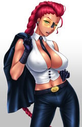 big_breasts crimson_viper female female_only green_eyes long_hair mature_female milf nipples nipples_visible_through_clothing orange-tinted_eyewear red_hair solo solo_female solo_focus street_fighter sunglasses tinted_eyewear yellow-tinted_eyewear