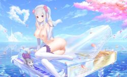 1girls breasts clouds emilia_(re:zero) feline female nude piano puck_(re:zero) pussy re:zero_kara_hajimeru_isekai_seikatsu sky water white_hair