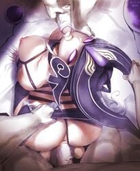 1girls 2boys abbb ass big_ass big_breasts big_penis blowjob breasts cum_in_mouth fellatio female league_of_legends looking_at_viewer penis purple_eyes pussy pussy_juice riot_games spitroast syndra vaginal_penetration white_hair