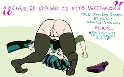 1girls anus ass ass_up big_ass blue_hair bow_panties female female_focus female_only gwen_(tdi) hombre_carpincho panties_removed purple_panties pussy pussy_focus skirt_removed spanish_text teenager text thighhighs total_drama_island upside-down