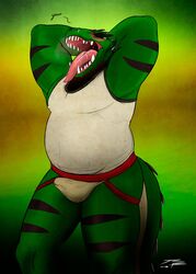 2016 abstract_background alligator alligatorid anthro belly biped black_stripes blush bodily_fluids bulge closed_eyes clothing colored crocodilian english_text erection erection_under_clothing facial_piercing front_view green_body hand_behind_head hi_res jockstrap jrbart male male_only musclegut muscular muscular_male nipple_outline nose_piercing onomatopoeia open_mouth piercing portrait reptile saliva scalie scar sharp_teeth shirt signature slightly_chubby solo sound_effects standing stripes tank_top teeth text three-quarter_portrait tongue topwear underwear uvula yawn