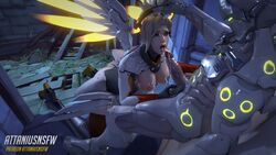 1boy 1girls 3d armor ass attanius big_breasts big_penis blonde_hair cum cum_in_mouth cum_on_face cum_on_tongue cybernetics cyborg genji hand_on_balls hand_on_head licking_penis looking_at_another looking_at_partner medium_breasts mercy messy overwatch thick_thighs thighhighs thighs