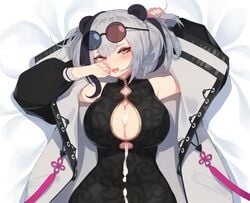 after_paizuri animal_ears arknights bear_ears bear_girl blush breasts ce-_-3 chinese_clothes chinese_dress cleavage cum feater_(arknights) pepper0 sunglasses sunglasses_on_head