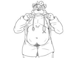 2016 4:3 anthro balls barely_visible_balls barely_visible_genitalia belly blush clothed clothing doctor eyewear genitals glasses humanoid_hands kemono male male_only mammal monochrome moobs navel nipples oogamikennta open_shirt overweight overweight_male shirt simple_background solo topwear ursid white_background