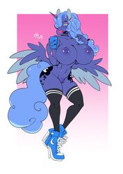 absurd_res alicorn anthro big_breasts bimbo breasts cellphone clothing equid female footwear friendship_is_magic furry genitals hi_res high_heels horn huge_breasts lips mammal mostly_nude my_little_pony nipple_piercing nipples phone piercing princess_luna_(mlp) pussy scarfyace shoes solo thick_lips wings