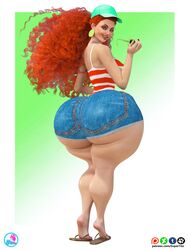 1girls 2020 2020s 3d 3d_(artwork) absurd_res absurdres big_ass big_butt blue_eyes bottom_heavy bubble_butt cap curly_hair denim_shorts disney earrings eyeshadow fat_ass feet female female_focus female_only flip_flops green_earrings huge_ass inner_workings kate_(inner_workings) looking_at_another looking_at_viewer red_hair redhead sandals short_jeans simple_background smiling smiling_at_viewer soles solo_female solo_focus supertito thick_ass thick_thighs very_long_hair wide_hips