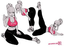 1girls breasts breath cleavage clothing crop_top female female_only hair_bun kenron_toqueen leaning_forward leggings navel one_eye_closed open_mouth pose signature simple_background sneakers solo sweat tomatita white_background yoga_pants