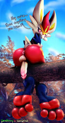 1futa 3_toes 3d anthro anthrofied anus ass bad_anatomy barefoot bodily_fluids breasts butt_focus cinderace cloud collaboration day dialogue english_text erection female female_cinderace female_pokemon foot_focus furry futanari genital_fluids hi_res inksplash intersex lagomorph leporid mammal nintendo nipples nude penis pokémon_(species) pokemon pokemon_(species) pokemon_ss precum rabbit signature sitting soles solo text toes tree video_games