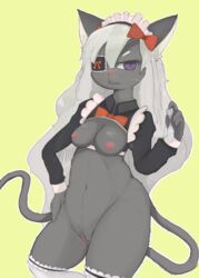 2019 accessory anthro bow_tie breasts clothed clothed/nude clothing condom daz1319 domestic_cat eye_patch eyewear felid feline felis female filled_condom fur genitals grey_body grey_fur grey_hair hair hair_accessory hair_ribbon hairbow hi_res legwear long_hair long_sleeves maid_headdress maid_uniform mammal navel nipples nude one_eye_obstructed purple_eyes pussy ribbons sexual_barrier_device simple_background solo stockings uniform yellow_background