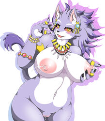 anthro belladonna_(trials_of_mana) big_breasts blush bodily_fluids breasts cute_fangs felid feline female genitals hi_res lactating looking_at_viewer mammal mana_(series) mellonsoda navel nude open_mouth pussy ring solo square_enix thumb_ring trials_of_mana video_games