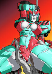 1girls alternate_version_available autobot big_breasts breasts breasts_out cleavage digital_media female female_focus female_only living_machine looking_at_viewer mad-project no_humans no_panties posing pussy pyra_magna solo thick_thighs transformers transformers_idw