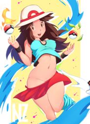 1girls aged_up alternate_breast_size brown_eyes brown_hair erect_nipples erect_nipples_under_clothes hat human leaf_(pokemon) long_hair medium_breasts nintendo no_panties no_pubic_hair nolegal pale_skin pokeball pokemon pokemon_rgby red_skirt skirt skirt_removed solo thick_thighs thighs watermark wide_hips