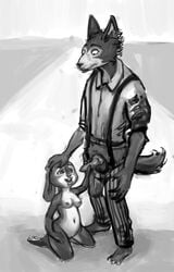 animal_genitalia animal_penis anthro anthro_on_anthro balls beastars bottomwear canid canine canine_penis canis clothed clothed/nude clothed_male_nude_female clothing crossover disney duo female genitals greyscale hand_on_head hi_res interspecies judy_hopps kneeling lagomorph larger_male legoshi_(beastars) leporid male mammal monochrome navel nude obrien_(artist) pants penis penis_grab poking_out predator/prey pussy rabbit shirt size_difference small_breasts smaller_female standing straight suspenders tongue tongue_out topwear wolf zootopia