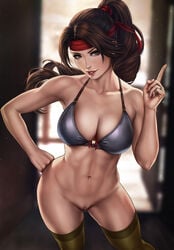 abs bikini_top bottomless brown_eyes brown_hair cleavage dandon_fuga final_fantasy final_fantasy_vii final_fantasy_vii_remake hairless_pussy innie innie_pussy jessie_rasberry long_hair pussy shaved_pussy square_enix toned toned_female uncensored waxed waxed_pussy