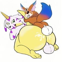 anal_penetration anthro big_ass big_testicles colorful_fur crossover cum digimon feet furry gabumon gnar gypsy_king_(artist) horn league_of_legends looking_at_another male_only orange_fur riot_games smile tagme yaoi yellow_body