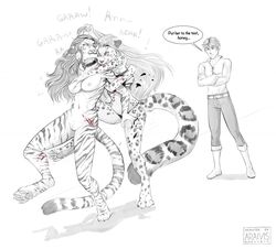 anthro araivis-edelveys blood bodily_fluids breasts clothed clothed/nude clothing english_text felid female fight genitals group hair human long_hair male mammal navel nipples nude pantherine pussy snow_leopard text tiger