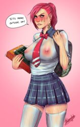 1girls backpack big_breasts blue_eyes blush books erect_nipples female holding_book ikebanakatsu league_of_legends nipple_piercing nipples no_bra pink_hair pink_tie see-through solo tattoo upset vi wet wet_clothes wet_clothing wet_skin wet_skirt wet_topwear