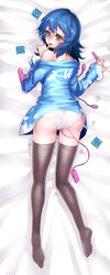 1girls ass black_legwear blue_hair dakimakura dildo female fengmo from_above glasses green_eyes highres looking_at_viewer lying off_shoulder on_stomach open_mouth original panties short_hair solo thighhighs underwear vibrator_under_panties white_panties